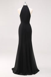 Schwarzes Meerjungfrau Langes Neckholder Rüschen Ballkleid mit Schlitz